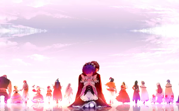 HD wallpaper featuring characters from the anime Re:Zero - Starting Life in Another World, with a central character highlighted in the foreground against a vibrant, atmospheric background.