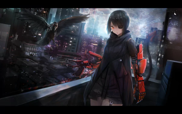 A cyberpunk-themed HD wallpaper featuring an anime character with a robotic arm, standing on a rooftop overlooking a neon-lit city, accompanied by a crow.