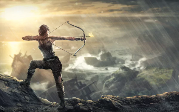 HD desktop wallpaper featuring Lara Croft from the 2013 video game Tomb Raider. She stands poised with a bow and arrow on a rocky cliff, overlooking a stormy landscape with dramatic lighting.