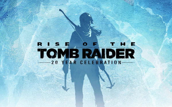 Lara Croft stands silhouetted against a frosty blue background, celebrating the 20th anniversary of Rise of the Tomb Raider, a popular video game in the Tomb Raider series.