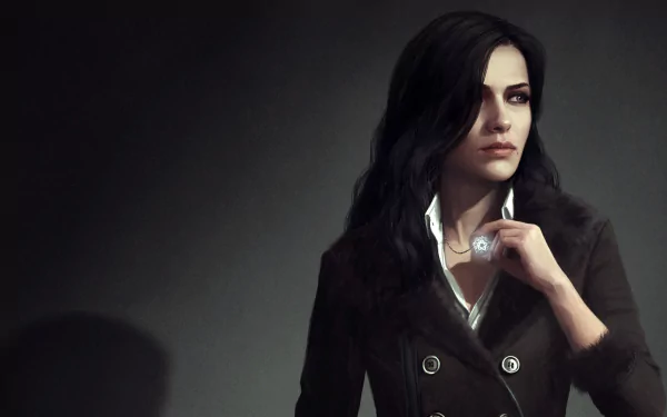 HD desktop wallpaper featuring Yennefer of Vengerberg from The Witcher 3: Wild Hunt. She has black hair and striking purple eyes, donned in a dark, detailed outfit with a serious expression.