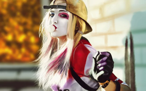 HD desktop wallpaper featuring a blonde Harley Quinn from the movie Suicide Squad, wearing makeup and a cap, set against a blurred outdoor background.