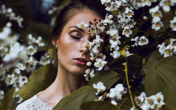 Women Mood Model Face Freckles Blossom Brunette HD Wallpaper | Background Image