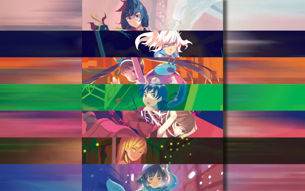 HD desktop wallpaper featuring characters Nadeko Medusa, Nadeko Sengoku, Shinobu Oshino, Suruga Kanbaru, Black Hanekawa, Tsubasa Hanekawa, Mayoi Hachikuji, and Hitagi Senjōgahara from the Monogatari anime series.