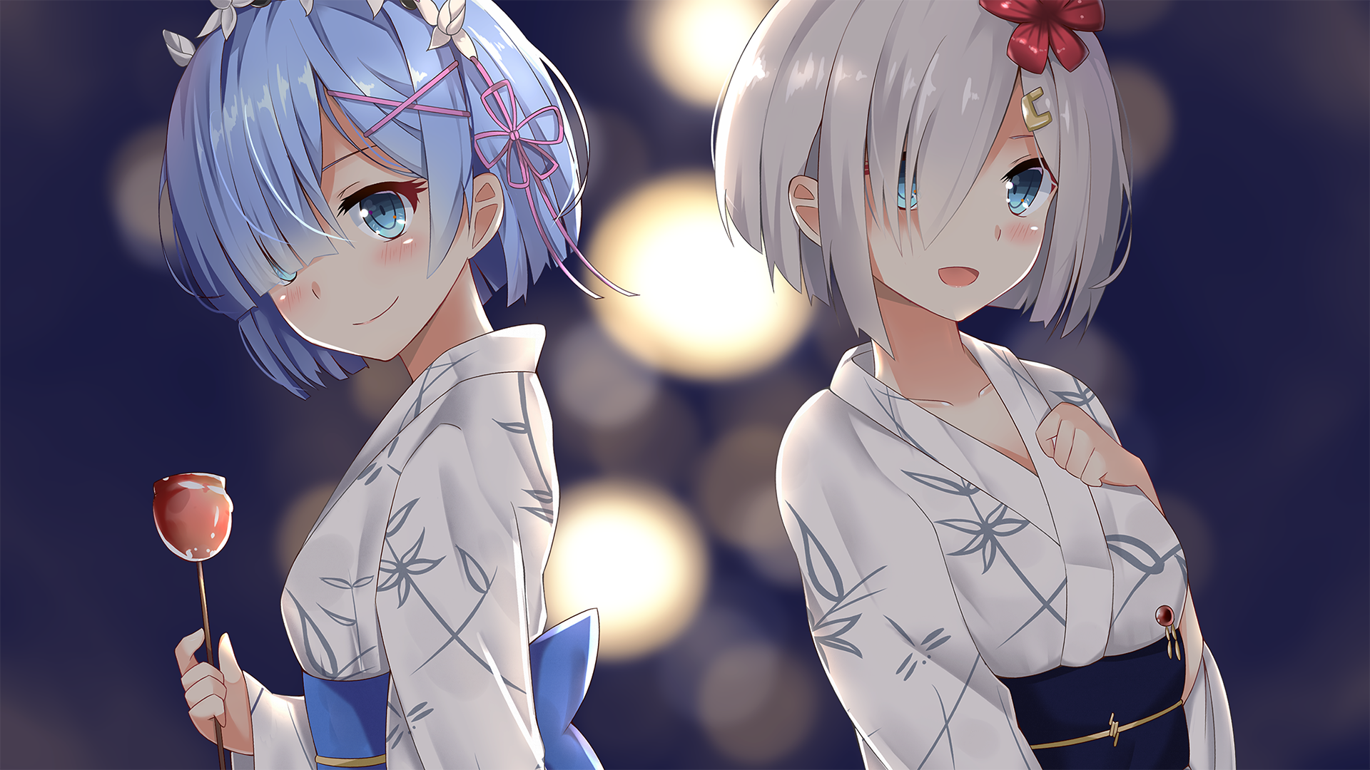 HD desktop wallpaper featuring a crossover of Rem from Re:Zero - Starting Life in Another World and Hamakaze from Kantai Collection, both in traditional attire with soft glowing lights in the background.