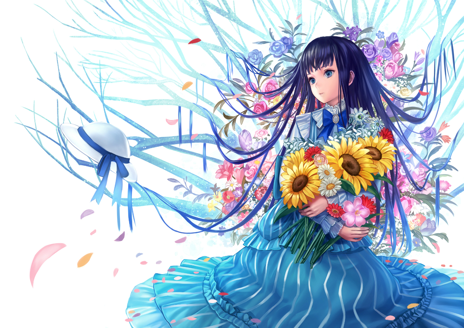A beautiful anime-inspired HD wallpaper featuring a girl in a blue dress holding sunflowers, surrounded by vibrant flowers and delicate branches, creating a serene and artistic background.
