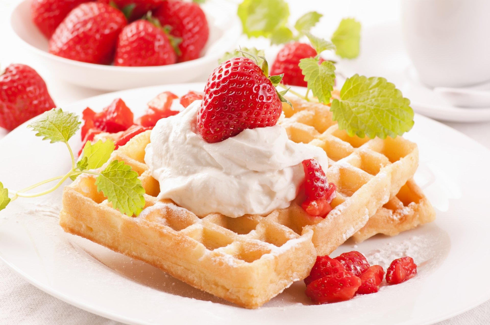 Download Sweets Dessert Cream Strawberry Food Waffle 4k Ultra HD Wallpaper