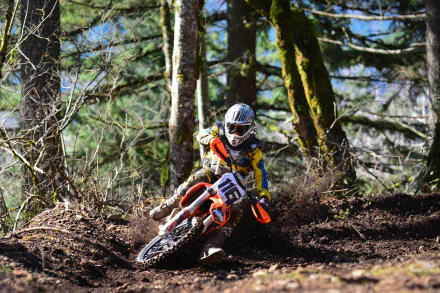 A motocross rider on a KTM motorcycle speeds through a dense forest trail, captured in vivid detail for an HD PC desktop wallpaper background.