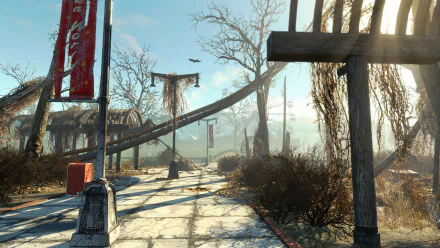 HD Fallout 4 Nuka-World desktop wallpaper featuring a post-apocalyptic outdoor scene with a broken slide, barren trees, and weathered signage in bright daylight.