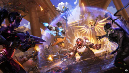 Overwatch HD desktop wallpaper featuring characters Winston, Roadhog, Reaper, Pharah, Junkrat, Hanzo, Genji, Widowmaker, Mercy, and Tracer in an intense battle scene.