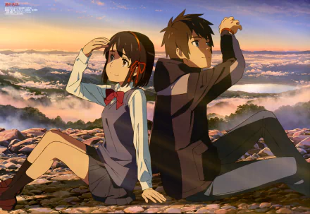 HD desktop wallpaper featuring anime characters Mitsuha Miyamizu and Taki Tachibana from Your Name, sitting on a rocky terrain with a beautiful sunset and cloud-filled sky in the background.