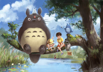 HD wallpaper featuring Totoro, Mini Totoro, Satsuki, and Mei from My Neighbor Totoro, sitting on a tree branch by a stream, enjoying a peaceful fishing moment in vibrant, lush scenery.