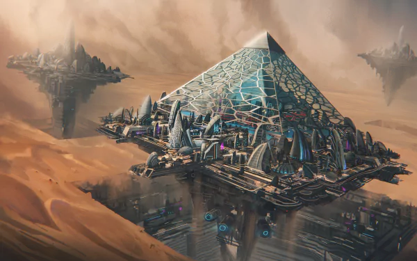 A stunning sci-fi cityscape featuring a futuristic pyramid structure and floating islands, captured in vibrant detail. This 4K Ultra HD wallpaper immerses viewers in a mesmerizing otherworldly setting.