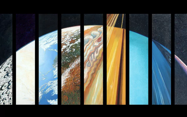 HD desktop wallpaper showcasing artistic representations of planets in the Solar System, including Mercury, Venus, Earth, Mars, Jupiter, Saturn, Uranus, Neptune, and Pluto, arranged in vertical panels.