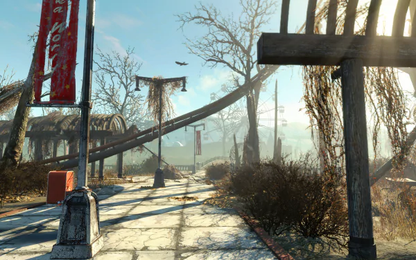 HD Fallout 4 Nuka-World desktop wallpaper featuring a post-apocalyptic outdoor scene with a broken slide, barren trees, and weathered signage in bright daylight.