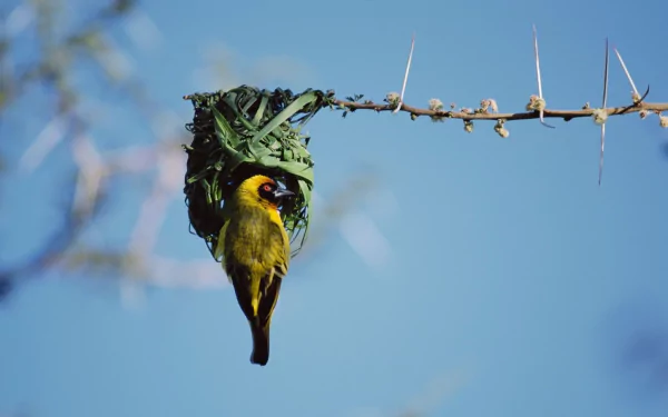 HD desktop wallpaper featuring a vibrant weaver bird weaving its nest on a thorny branch against a clear blue sky.