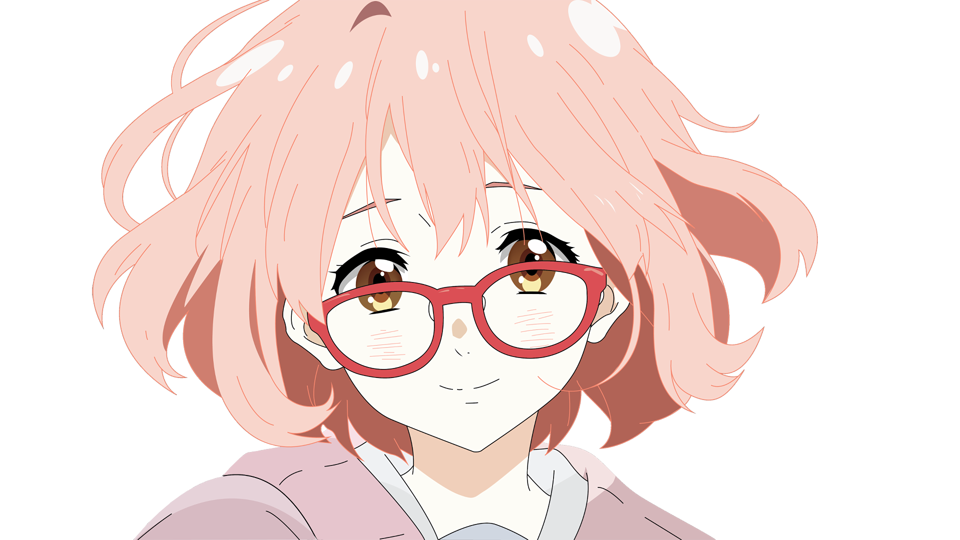 A vibrant anime character with short pink hair and yellow eyes, wearing glasses and displaying a gentle blush, from Beyond the Boundary. A colorful HD wallpaper background.