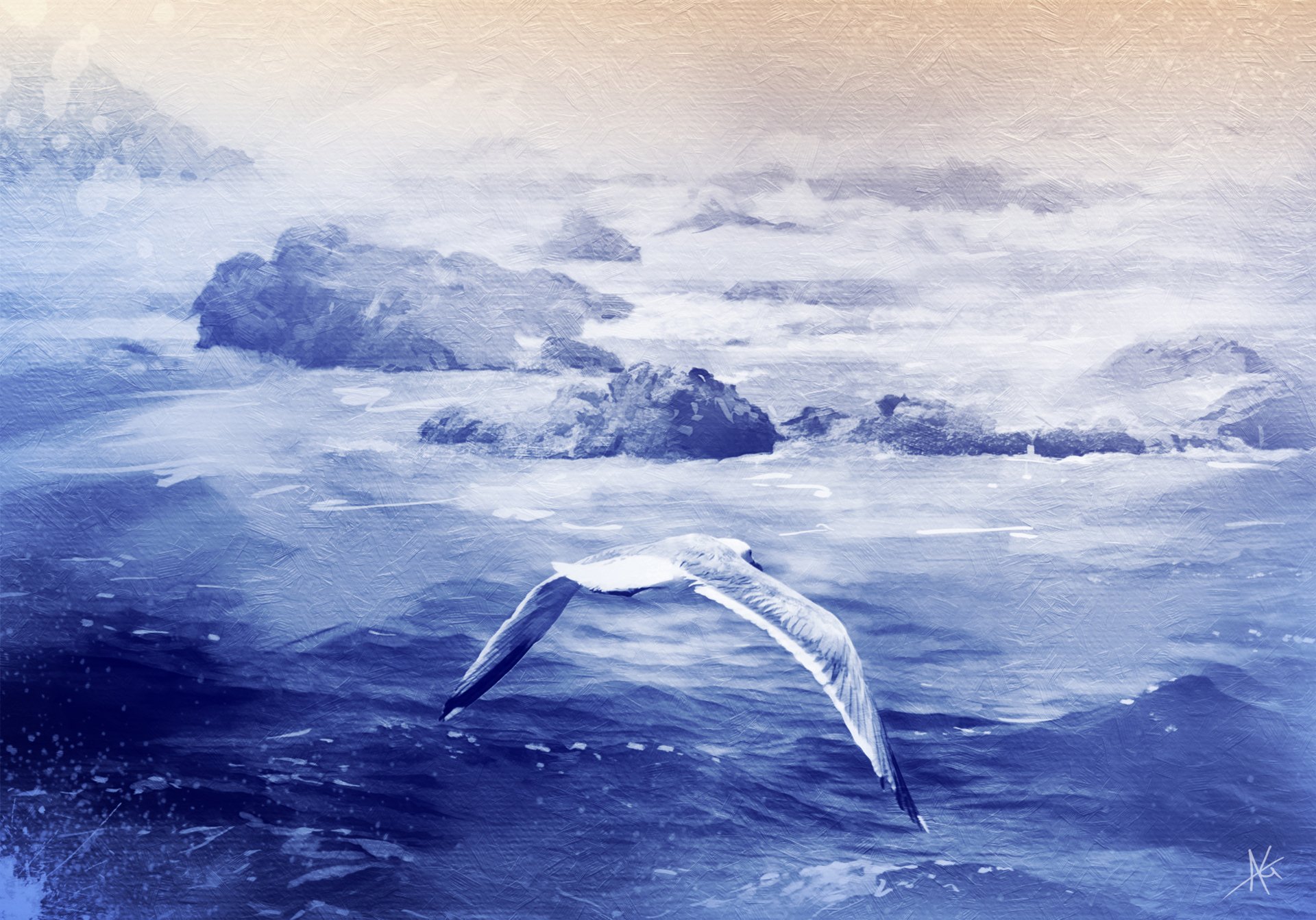 HD desktop wallpaper featuring a seagull soaring over a misty, rocky coastal scene with soft blue and pastel tones.