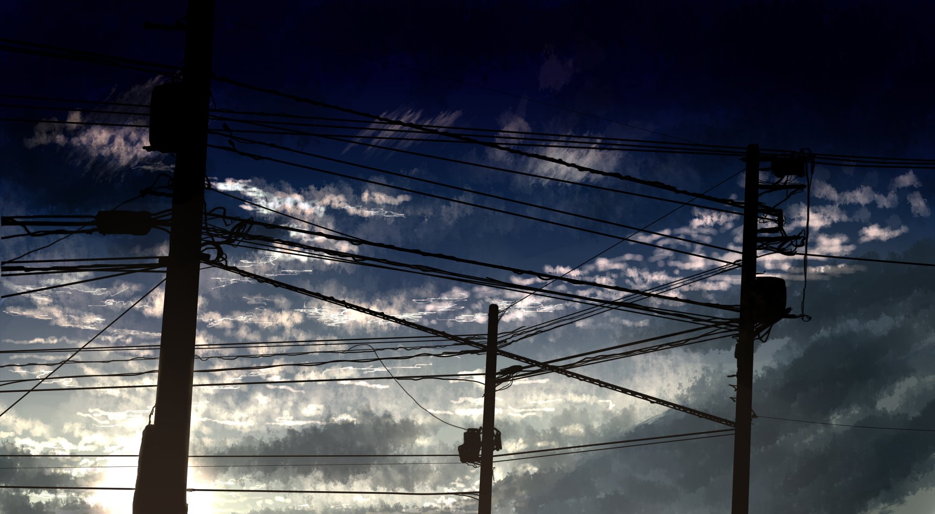 A striking 4K Ultra HD anime-inspired wallpaper featuring a dramatic sky with electric poles silhouetted against a vibrant, cloud-filled backdrop.