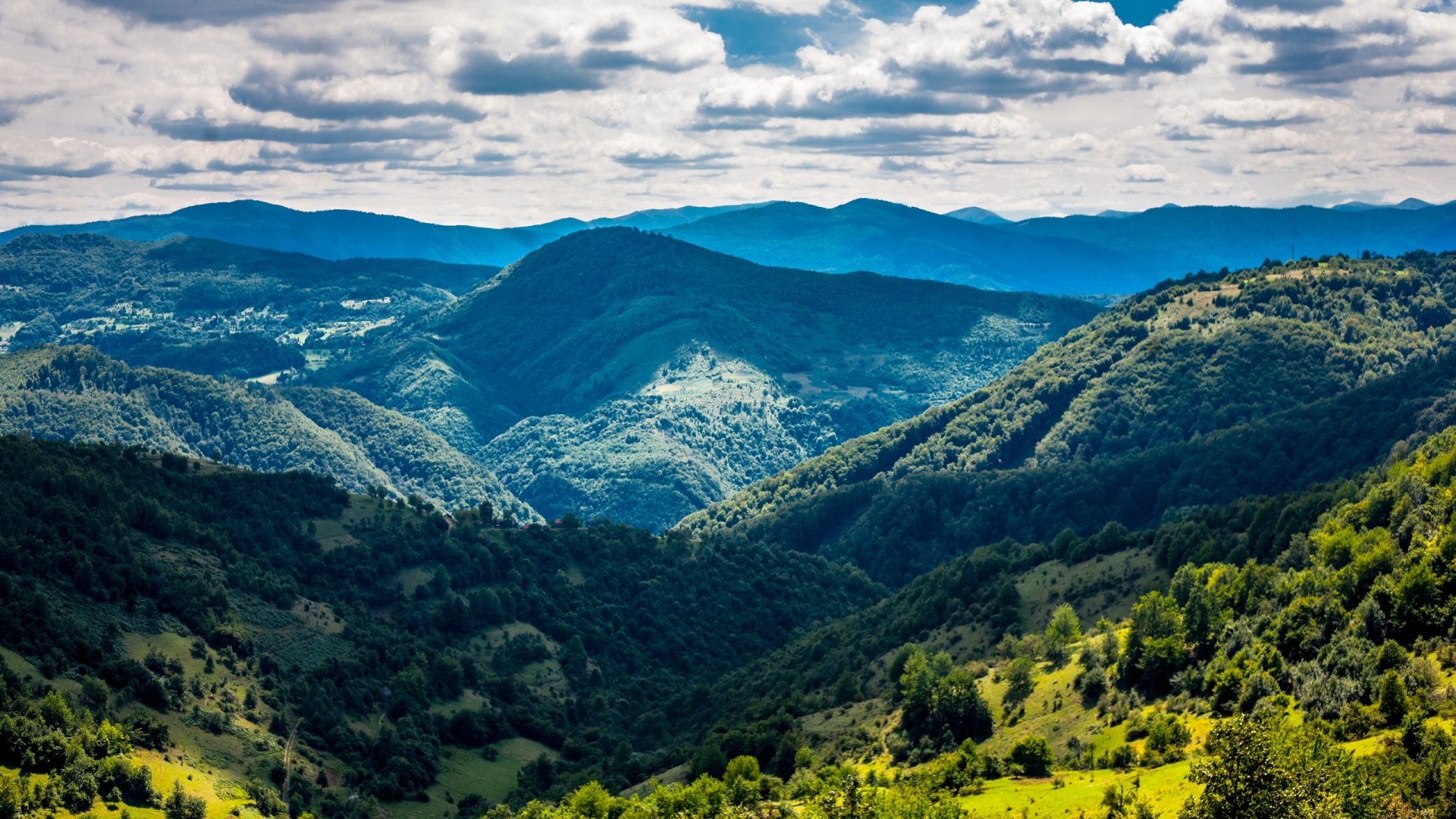 HD desktop wallpaper showcasing a lush forested hill landscape in Bosnia under a partly cloudy sky, highlighting vibrant greenery and natural beauty.