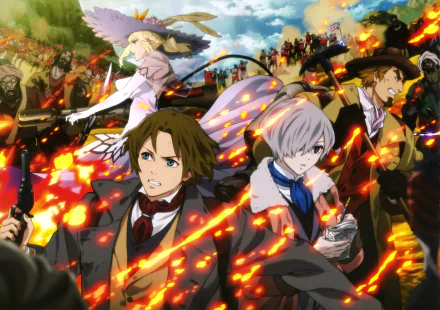 4K Ultra HD anime wallpaper featuring characters Friday (Shisha no Teikoku), Hadaly Lilith, Frederick Burnaby, and John H. Watson from The Empire of Corpses.