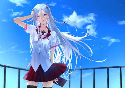 HD anime wallpaper featuring Miach Mihie from Harmony, standing with flowing white hair against a bright blue sky and wispy clouds on a PC desktop background.