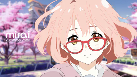A vibrant HD wallpaper featuring Mirai Kuriyama from Kyoukai no Kanata with flowing pink hair and glasses, set against a backdrop of blossoming cherry trees.