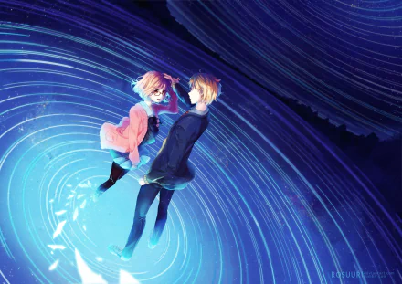 A captivating HD wallpaper featuring Akihito Kanbara and Mirai Kuriyama from the anime Beyond the Boundary, set against a mesmerizing blue spiral backdrop.