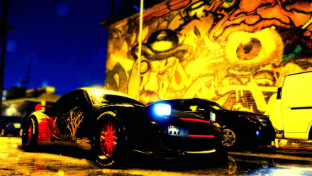 HD PC desktop wallpaper from Need For Speed (2015) showing a modified Mazda RX-7 with red rims and headlights on, parked at night before a vivid graffiti mural — video game scene.