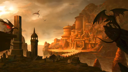 HD fantasy PC desktop wallpaper depicting dragons soaring above a majestic mountain city at sunset, blending mythical and architectural elements in a vivid, dramatic scene.