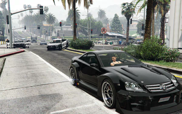 8K Ultra HD Grand Theft Auto V PC desktop wallpaper showing a sleek black sports car driving through a palm-lined city street with traffic signals and buildings in the background.