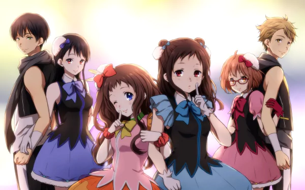 Attractive HD wallpaper featuring characters Ai Shindou, Hiroomi Nase, Mitsuki Nase, Sakura Inami, Akihito Kanbara, and Mirai Kuriyama from the anime Beyond the Boundary.