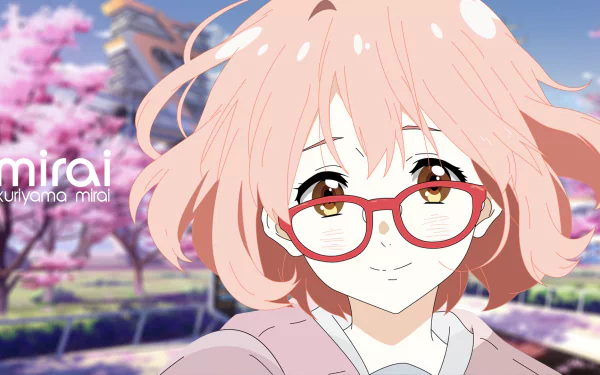 A vibrant HD wallpaper featuring Mirai Kuriyama from Kyoukai no Kanata with flowing pink hair and glasses, set against a backdrop of blossoming cherry trees.