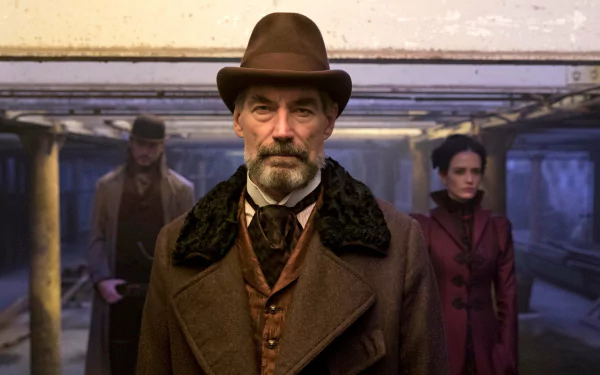 HD PC wallpaper from the TV show Penny Dreadful: a stern, hat-wearing Victorian man stands on a dim underground platform with two shadowy figures behind him.