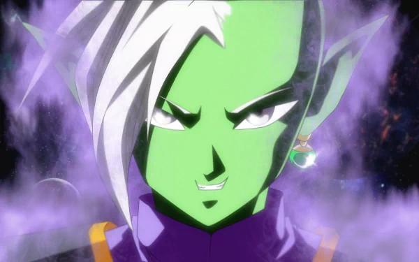 Zamasu from Dragon Ball Super, depicted with vibrant green skin and striking white hair, surrounded by an aura of darkness, serves as an engaging HD wallpaper for anime fans.