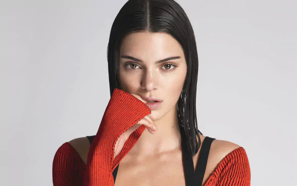 Close-up portrait of a brunette American model with brown eyes, Kendall Jenner, featured in an HD PC desktop wallpaper.