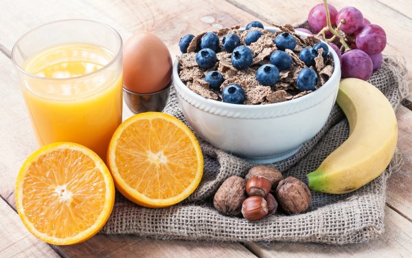 Food Breakfast Juice orange Banana Nut Grapes Muesli Blueberry HD Wallpaper | Background Image