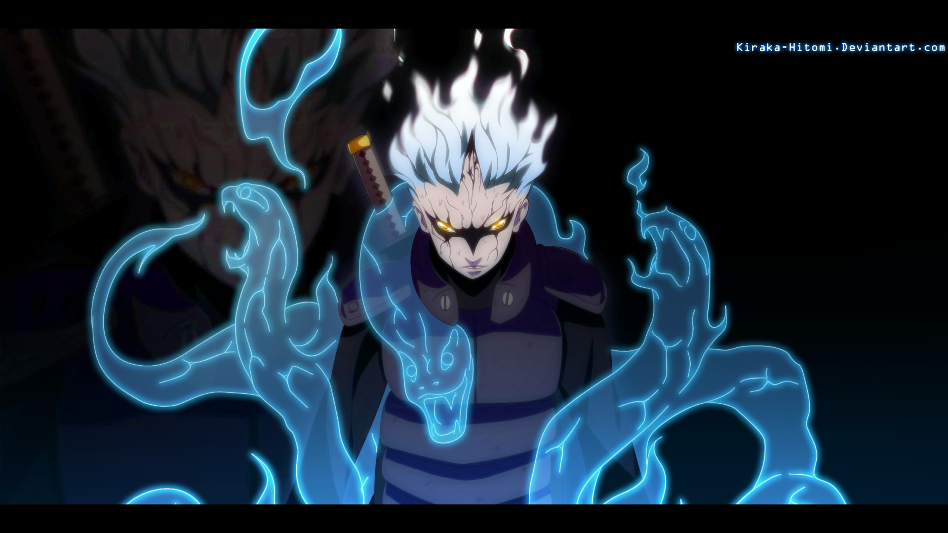 HD desktop wallpaper featuring Mitsuki from Naruto in a dynamic pose, surrounded by blue swirling energy. The image captures the essence of the Boruto anime style.