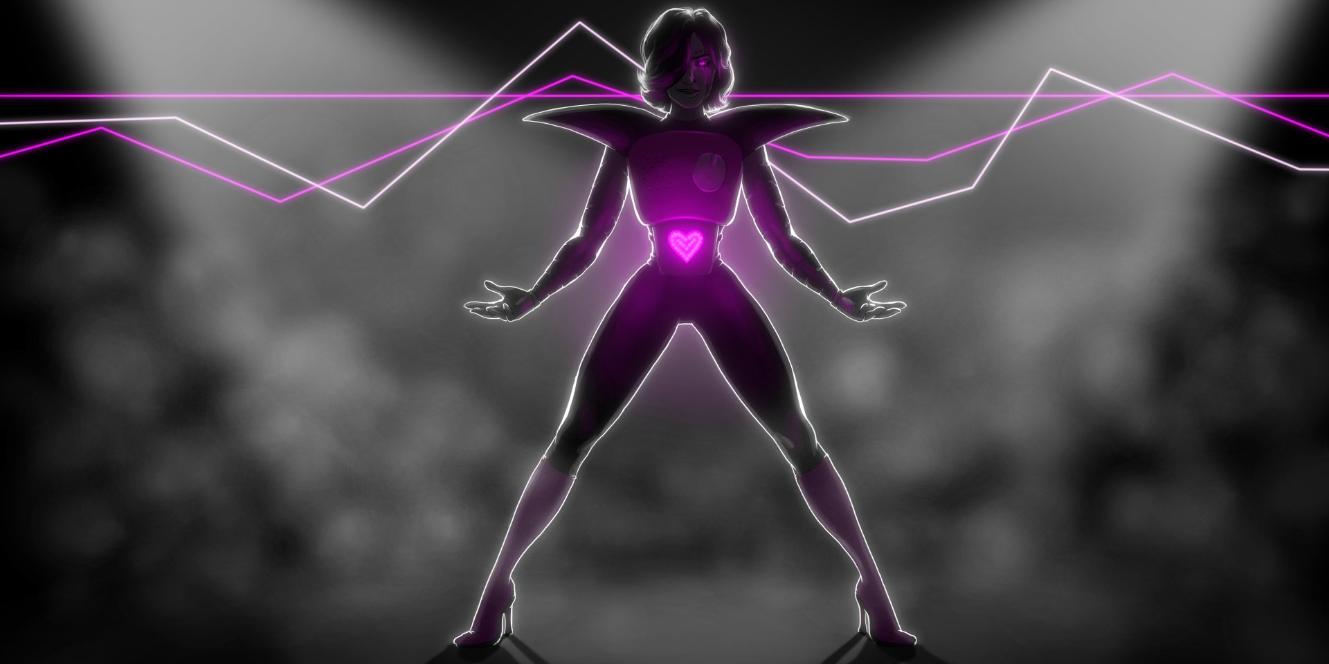 A glowing Mettaton EX from Undertale stands confidently with short, purple hair and eyes, wearing high heels, set against a dynamic background of light and sound waves.