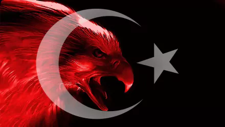HD desktop wallpaper featuring the Flag of Turkey overlaid on an image of a red, fierce eagle against a black background.
