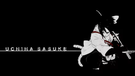 HD anime desktop wallpaper featuring Sasuke Uchiha from Naruto in a dynamic black and white design with red accents and his name displayed across the image.