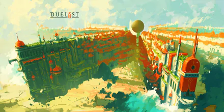HD PC desktop wallpaper and background for the video game Duelyst: stylized aerial view of a sunlit fortress city split by a canyon with a large floating orb, in vibrant teal and orange.