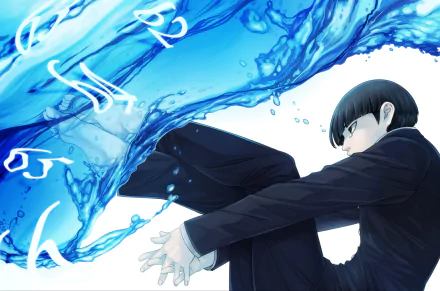 A serene anime wallpaper featuring Shigeo Kageyama from Mob Psycho 100, barefoot in water, with striking black eyes and hair, capturing a moment of calm and introspection.