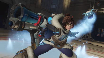 Mei from Overwatch in action, featuring detailed 4K Ultra HD graphics designed for PC desktop wallpaper and background.