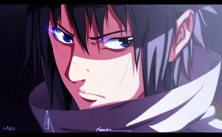 High-definition wallpaper featuring Sasuke Uchiha from the anime Naruto, showcasing his intense expression and striking blue eyes against a dark background.