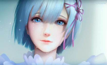 HD wallpaper featuring Rem from Re:Zero - Starting Life in Another World with short blue hair, blue eyes, and tears on her face, capturing an emotional moment from the anime series.