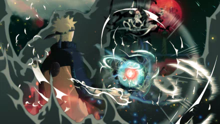 A vibrant HD wallpaper featuring Naruto Uzumaki wielding the Rasengan, facing Madara Uchiha amidst an intense anime backdrop from Naruto.