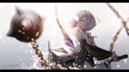 HD desktop wallpaper featuring Rem from Re:Zero - Starting Life in Another World, showcasing her blue hair and eyes, dressed in a maid outfit, with sparkles and chains in the background.