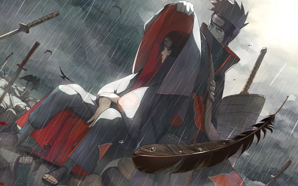 HD desktop wallpaper featuring Itachi Uchiha and Kisame Hoshigaki from Naruto. The scene has a somber mood with rain and fallen swords, capturing a moment of rest and companionship. Tags: Akatsuki, Anime.