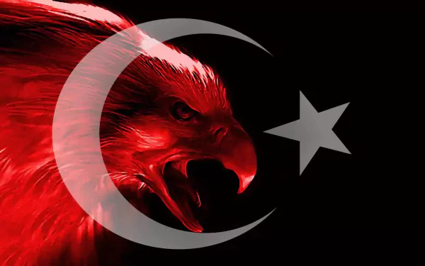 HD desktop wallpaper featuring the Flag of Turkey overlaid on an image of a red, fierce eagle against a black background.